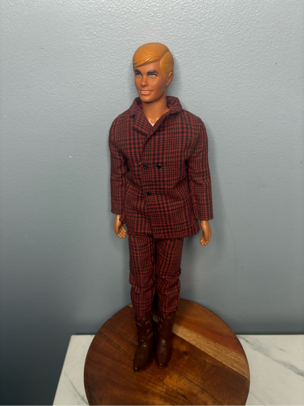 1968 Mattel Ken Doll Blonde Hair Red Plaid Suit Cowboy Boots